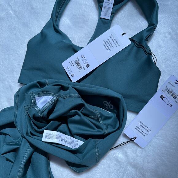 Alo Yoga 7/8 Airlift Leggings Advantage Racerback Bra Set Winter Ivy Green XS BN - Picture 11 of 16